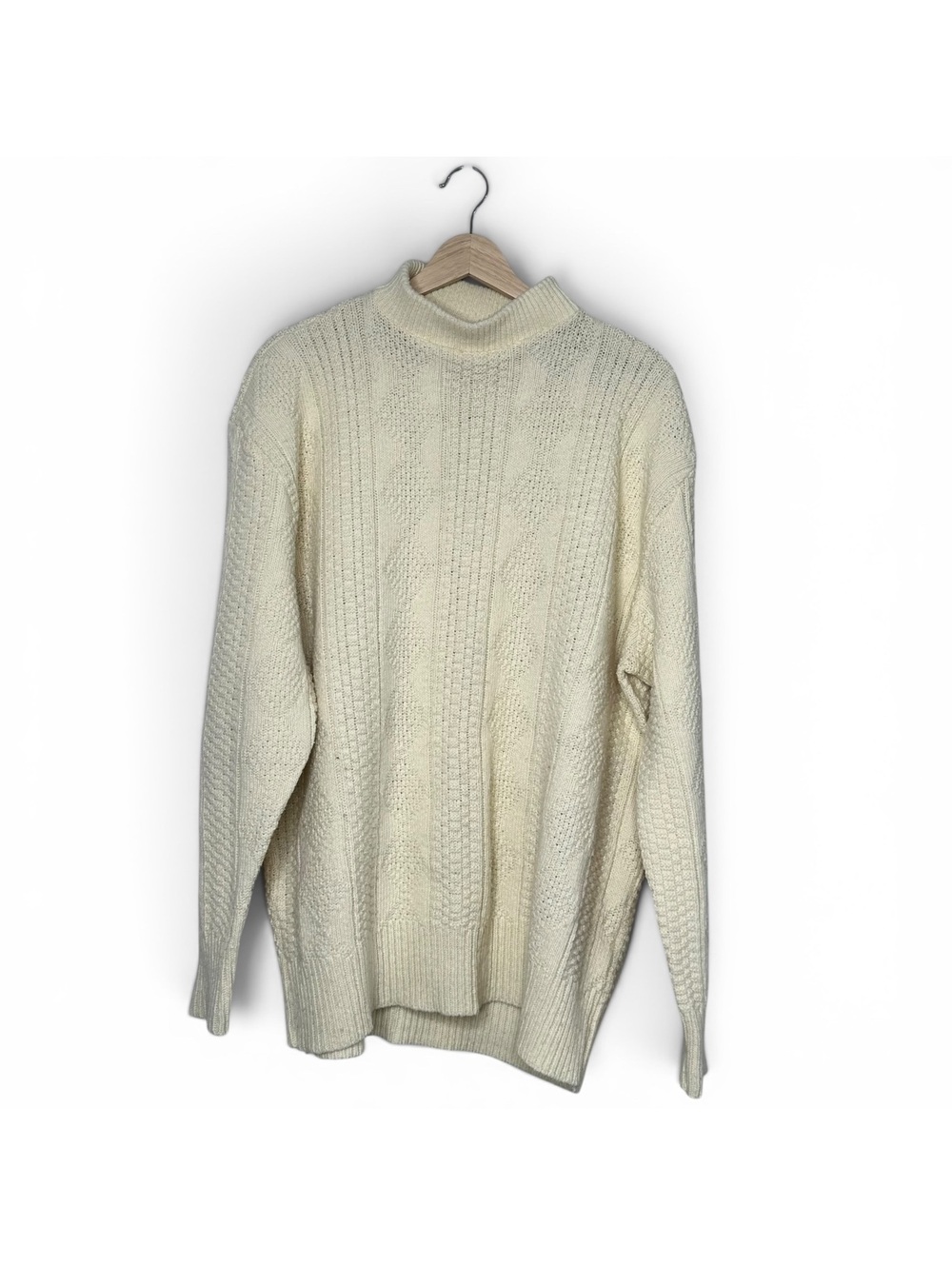 VTG Fisherman Sweater Cream Cable Knit Mock Neck Chunky Cottagecore Grandpa Cozy